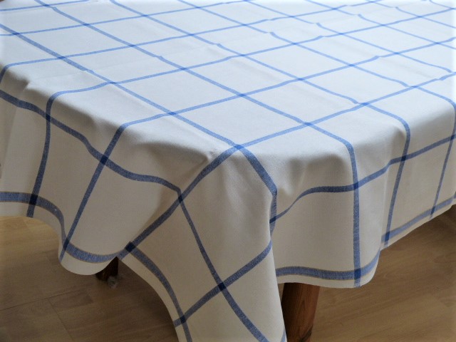 Antike Tischdecke Leinen weiß sehr große mit blau abgegrenzte Karos 136 x 177cm